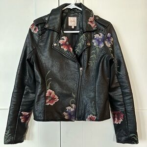Candie's Black Faux Leather Moto Jacket with Floral Embroidery